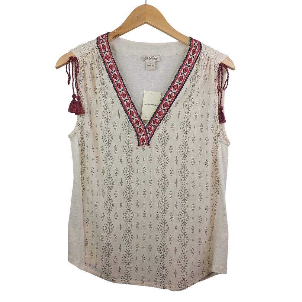 Lucky Brand Womens Boho Embroidered Tassel Tie Top Size M Beige Diamond Festival